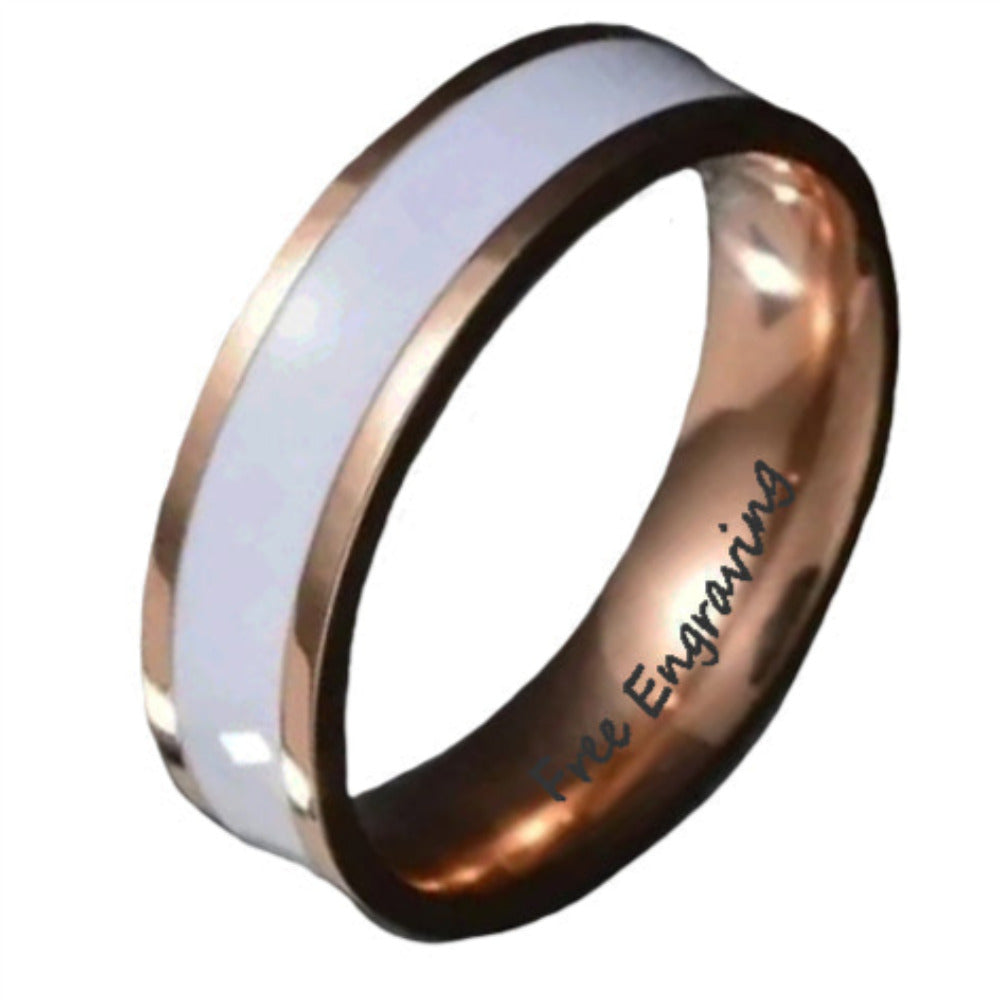 ThinkEngraved wedding Band Personalized Men's Wedding Ring - White Ceramic Rose Gold