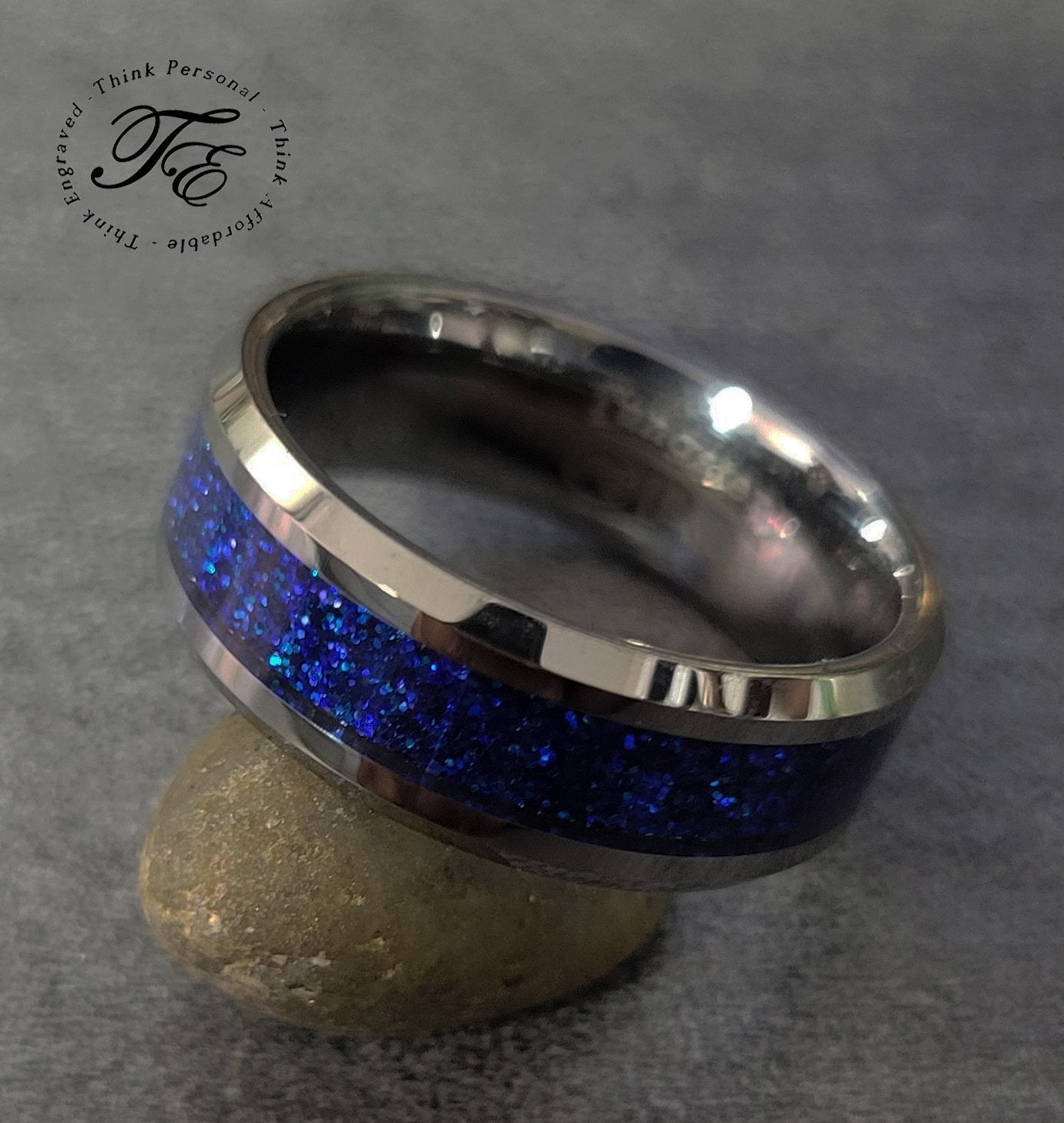 ThinkEngraved wedding Band Personalized Women's Wedding Band - Blue Galaxy Fire Opal Real Tungsten