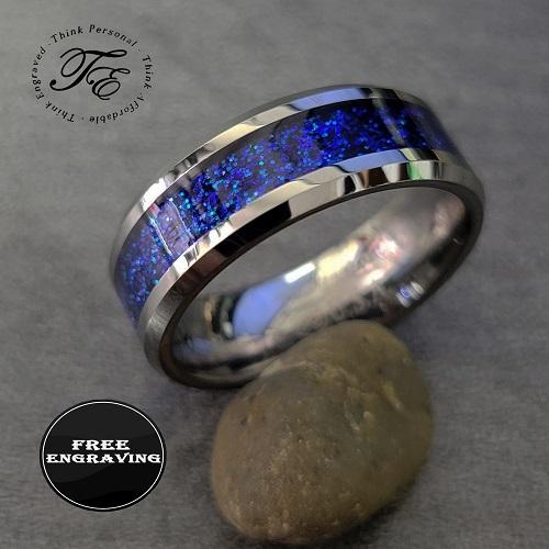ThinkEngraved wedding Band Personalized Women's Wedding Band - Blue Galaxy Fire Opal Real Tungsten