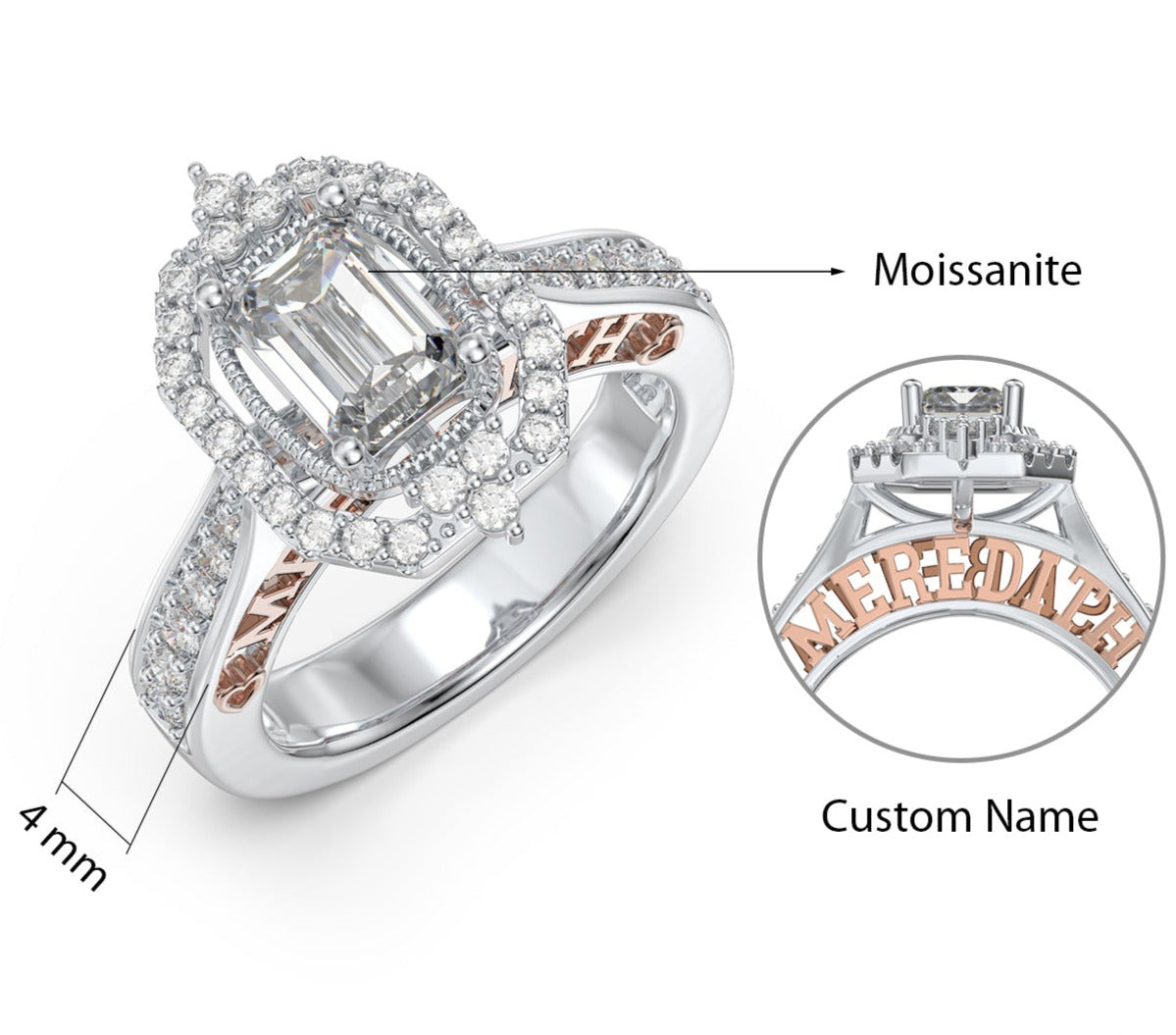 ThinkEngraved Womens Wedding Rings Personalized Women's Wedding Ring Emerald Cut Solitaire .925 Sterling Silver