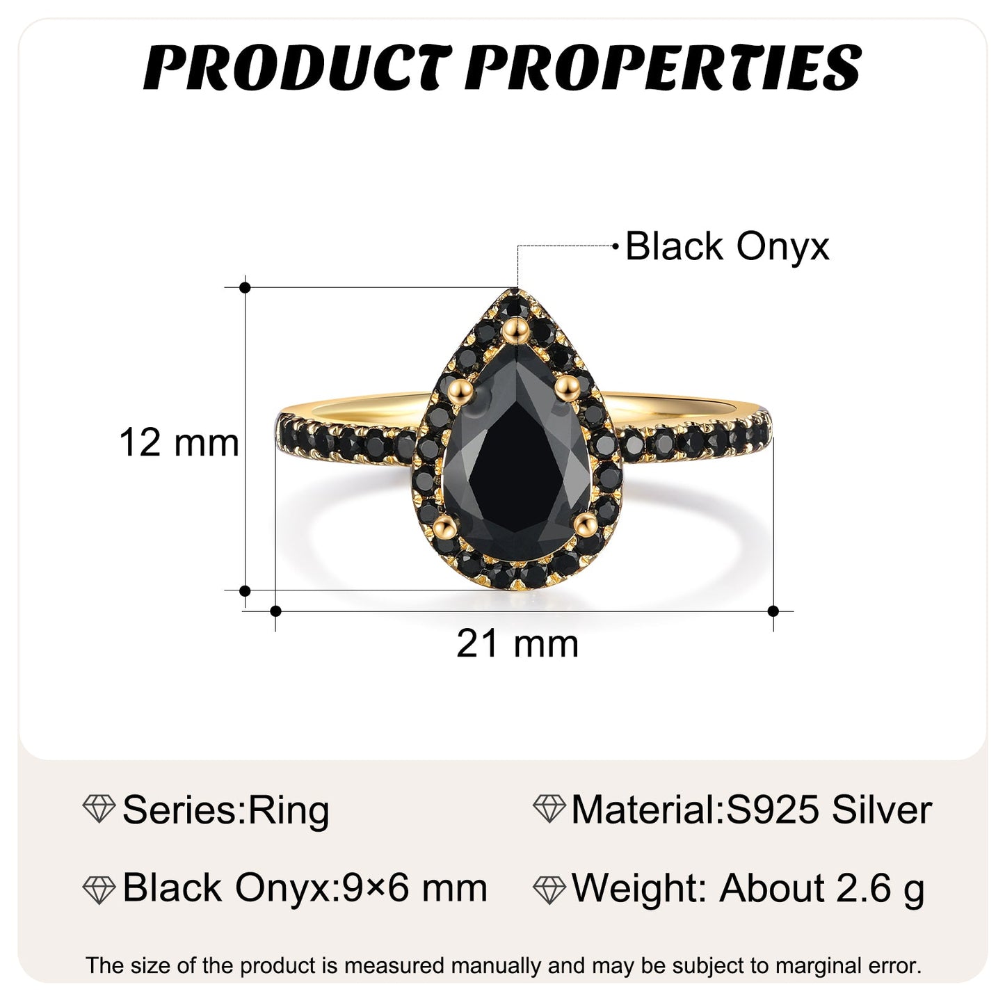 ThinkEngraved Womens Wedding Rings Women's Gold Promise Ring With a 1.33ct Pear Cut Black Onyx Stone
