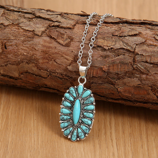 Trendsi Turquoise / One Size Western Oval Faux Turquoise Pendant Necklace