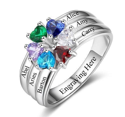 6 Stone Personalized Hearts Love Family Birthstone Ring