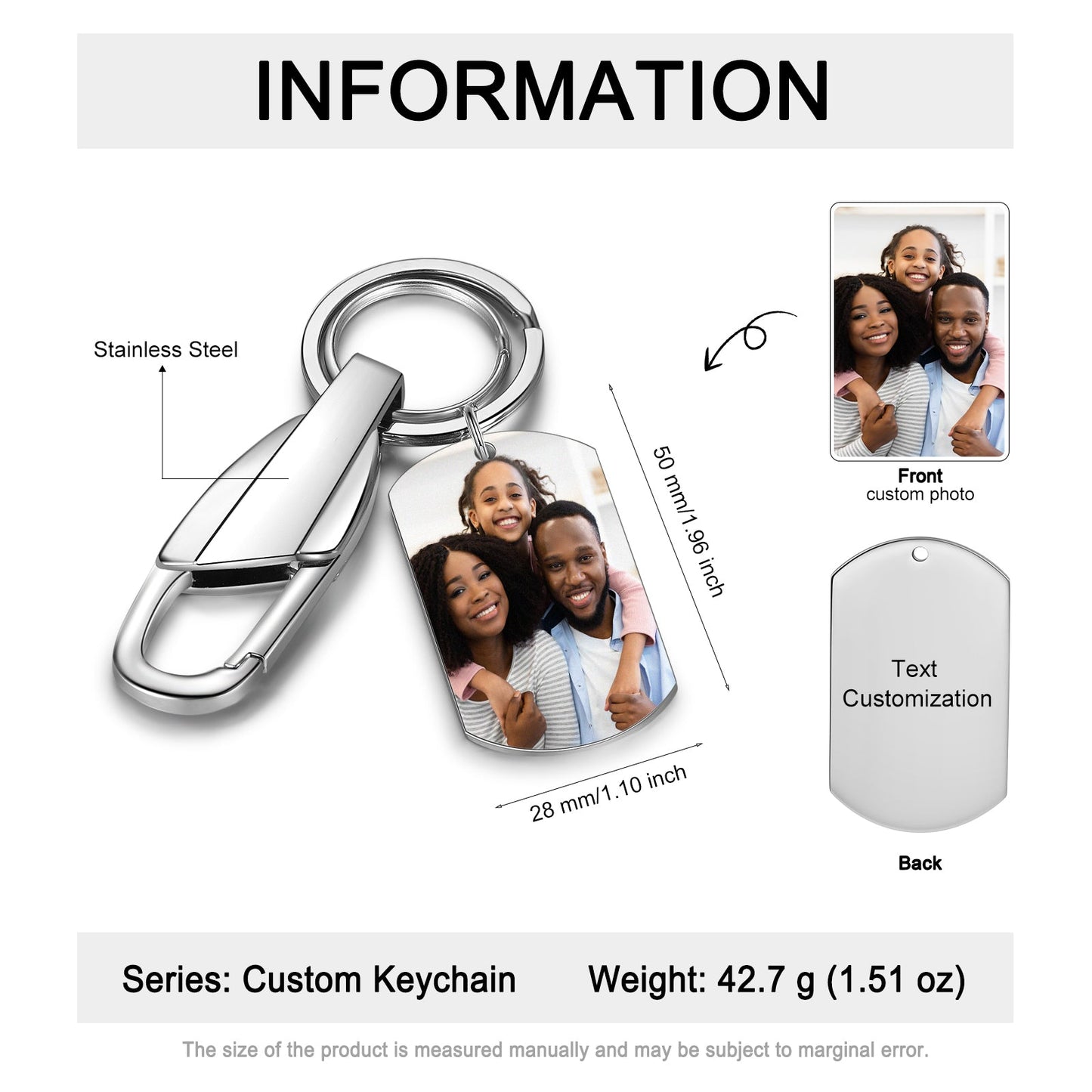 JO Custom Keychain Personalized Photo and Custom Message Silver Keychain Heavy Duty