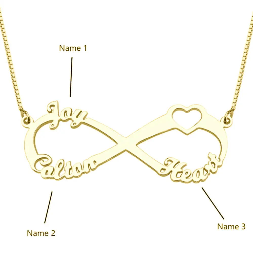 JO engraved necklace 14k gold over sterling silver Personalized Infinity Heart Name Necklace 3 Cut Out Names