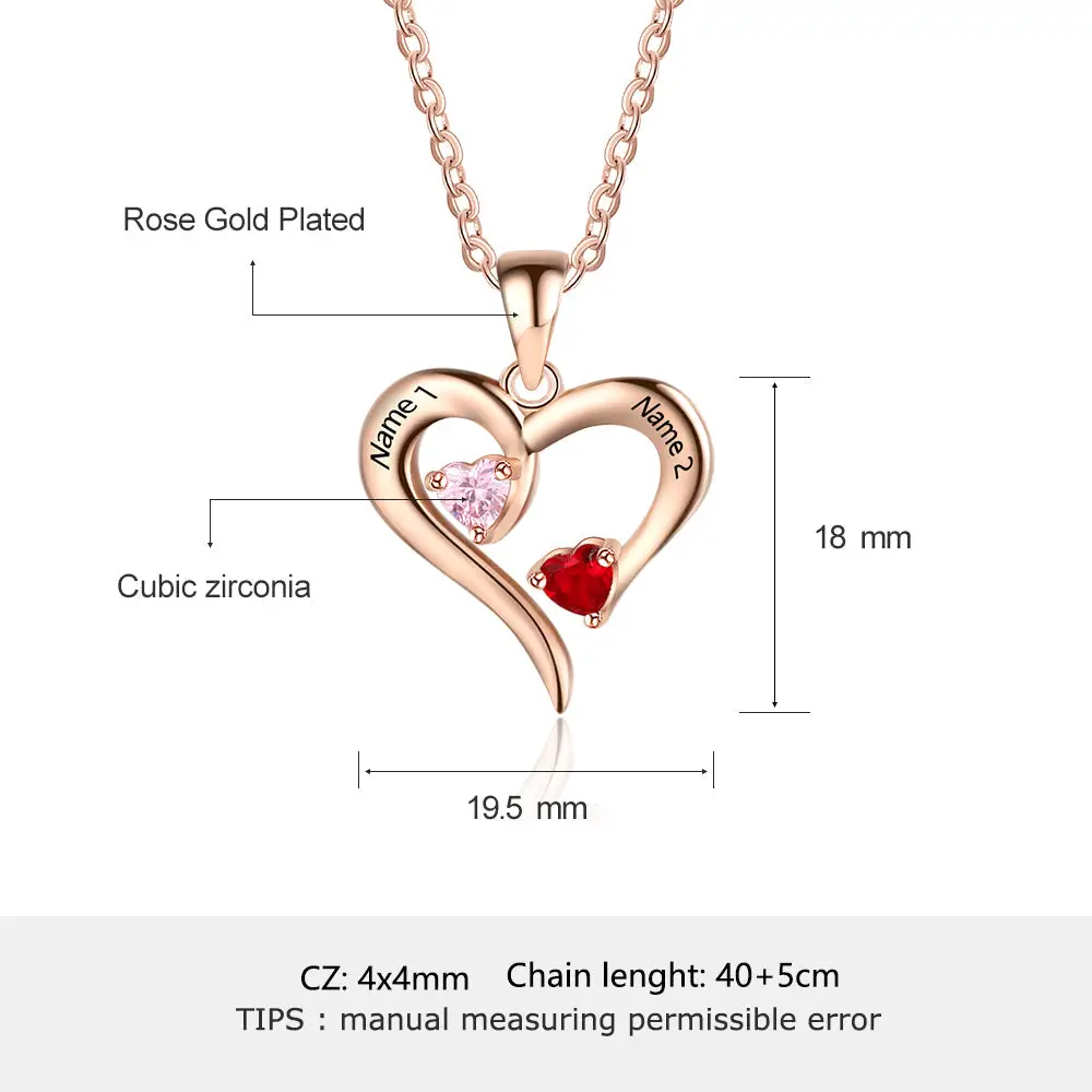 JO engraved necklace 14K Rose Gold Over Sterling Silver Custom 2 Stone Heart Mother's Necklace or Couple's Necklace 2 Engraved Names