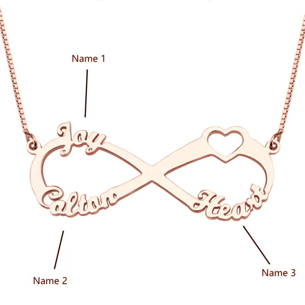 JO engraved necklace 14k rose gold over sterling silver Personalized Infinity Heart Name Necklace 3 Cut Out Names