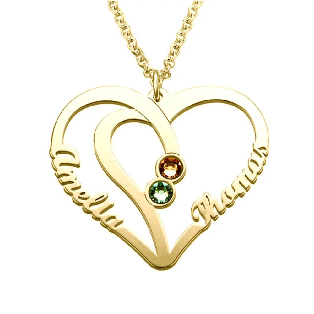 JO engraved necklace 18k gold over sterling silver Custom 2 Birthstone Heart Name Necklace - 2 Cut Out Name Mother's Necklace