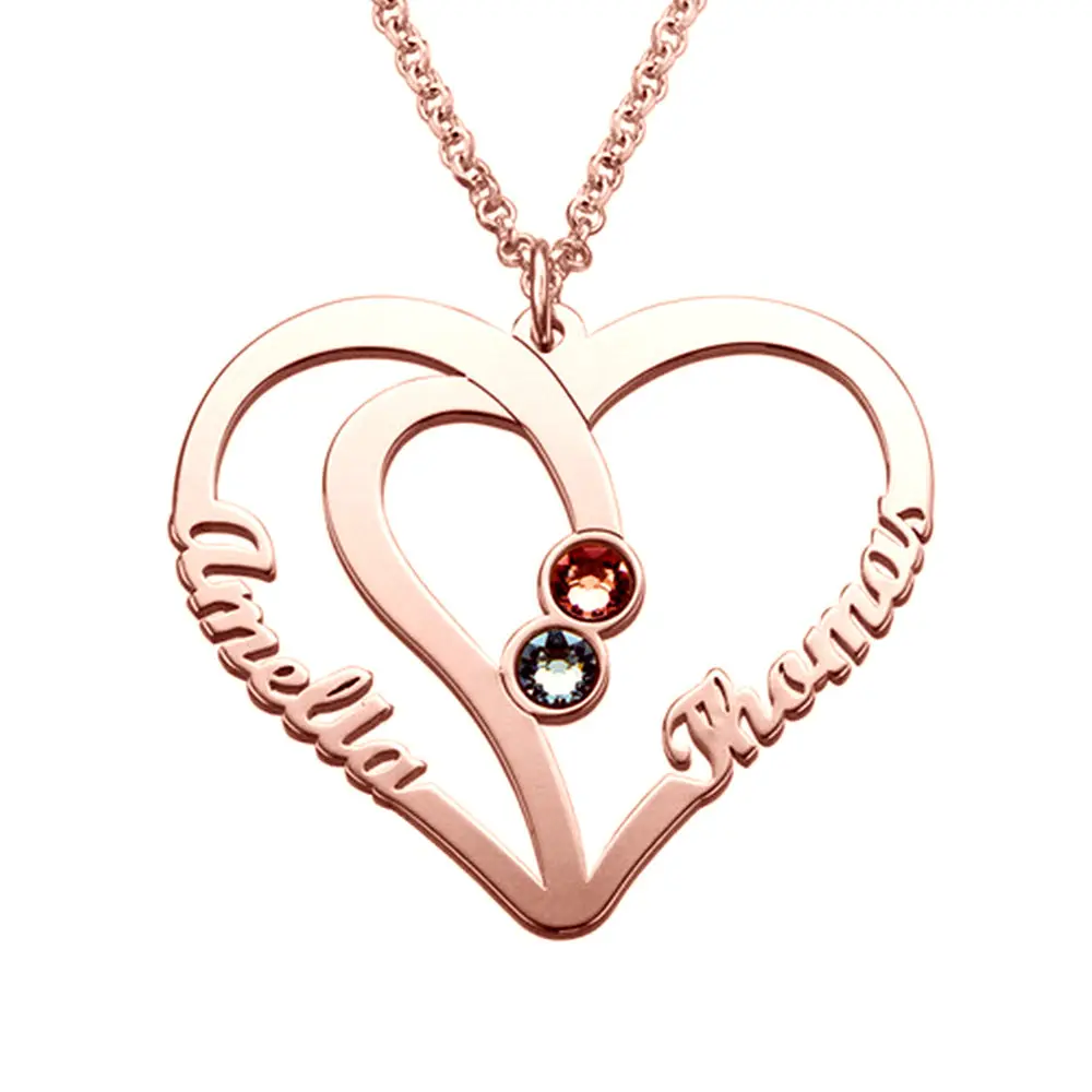 JO engraved necklace 18k rose gold over sterling silver Custom 2 Birthstone Heart Name Necklace - 2 Cut Out Name Mother's Necklace