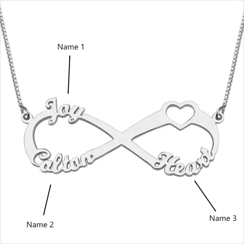 JO engraved necklace .925 sterling silver Personalized Infinity Heart Name Necklace 3 Cut Out Names