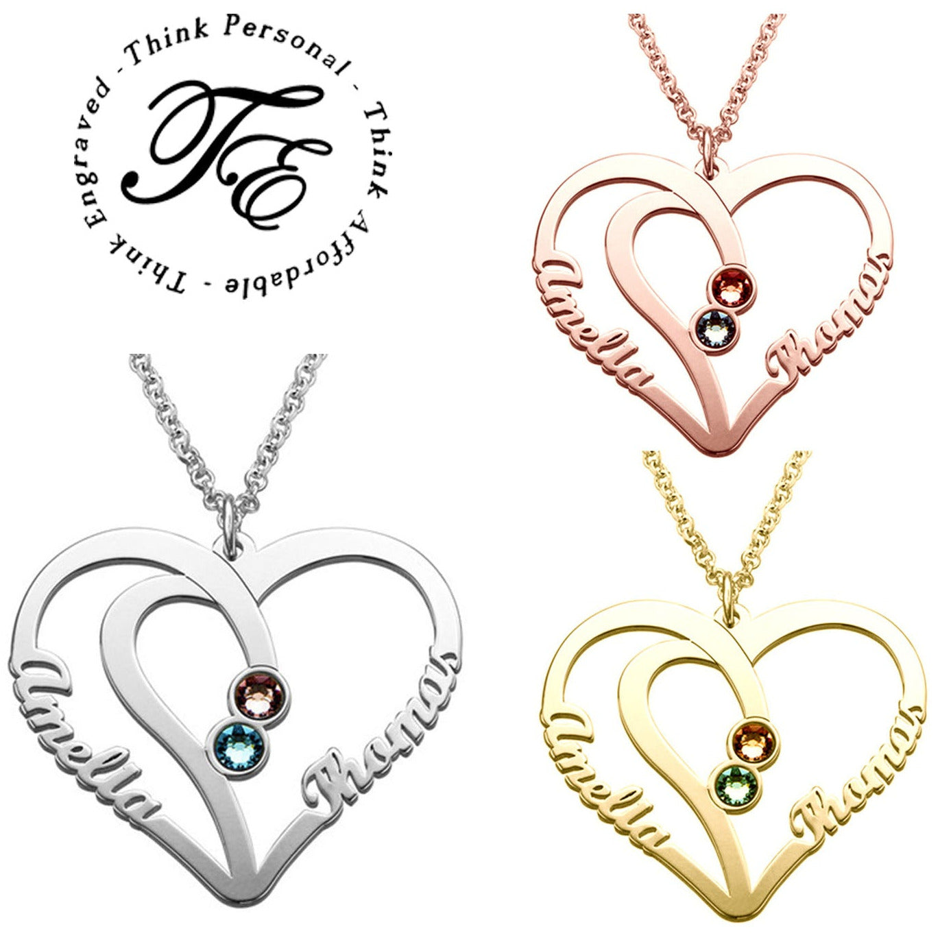 JO engraved necklace Custom 2 Birthstone Heart Name Necklace - 2 Cut Out Name Mother's Necklace