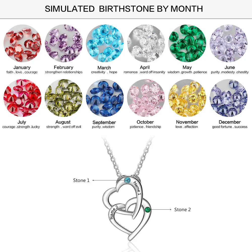 JO engraved necklace Personalized Mother's Necklace 2 Birthstones Linked Hearts 2 Engraved Names