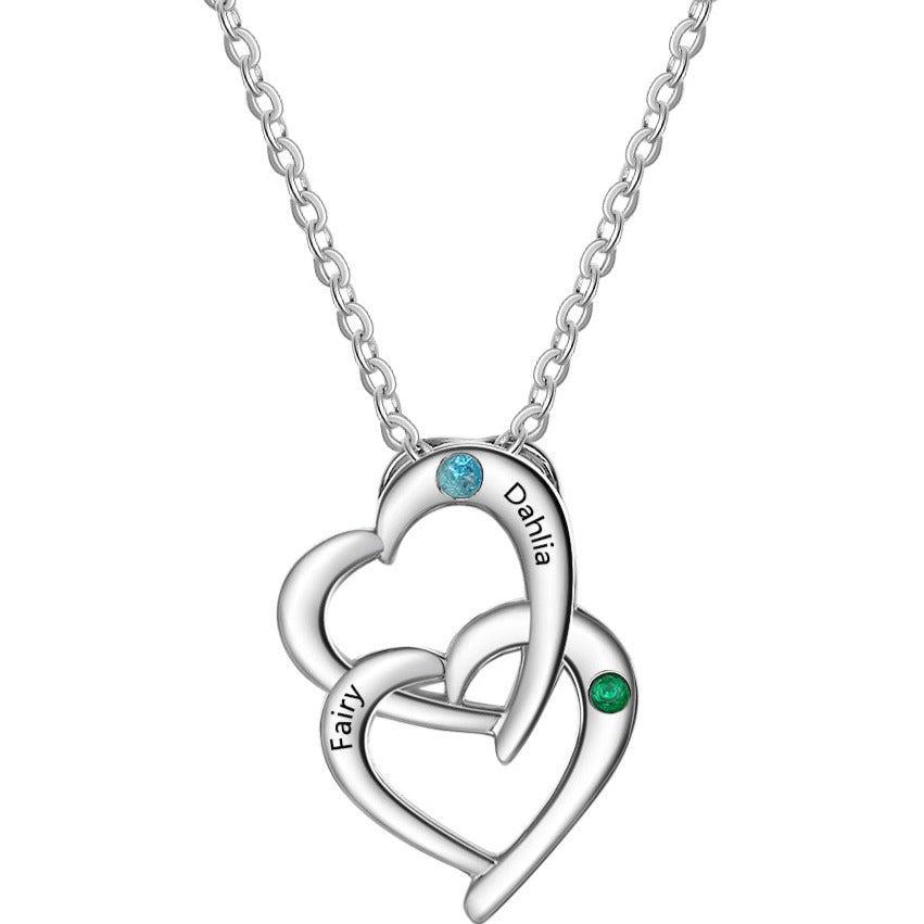 JO engraved necklace Personalized Mother's Necklace 2 Birthstones Linked Hearts 2 Engraved Names