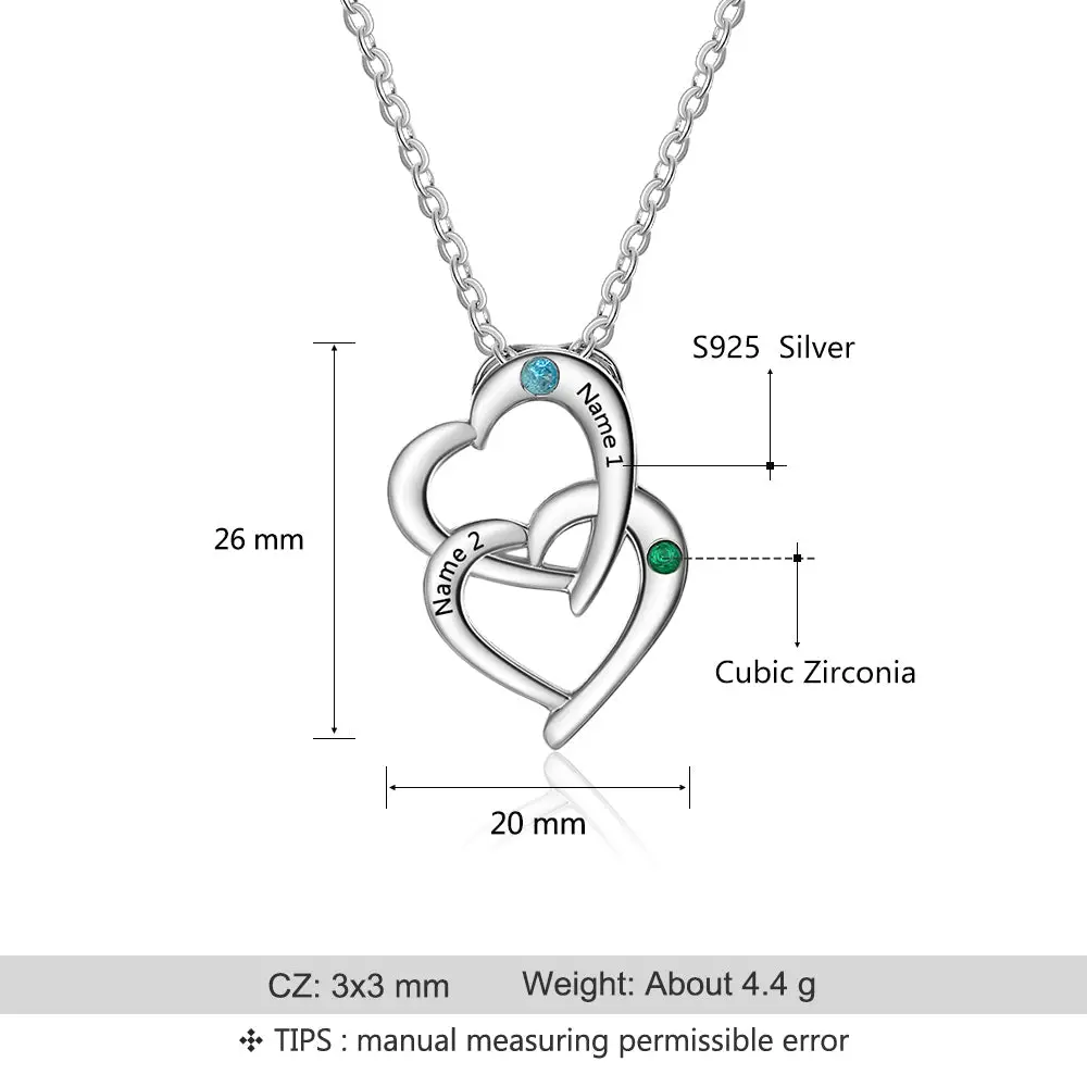 JO engraved necklace Personalized Mother's Necklace 2 Birthstones Linked Hearts 2 Engraved Names