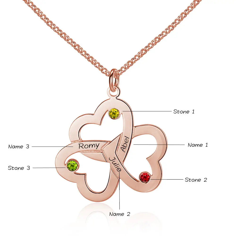 JO Mother's Ring 14K Rose Gold Over Sterling Silver 3 Birthstone Mothers Family Necklace Linked Hearts 3 Names