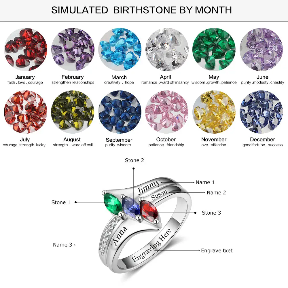 JO Mother's Ring 3 Birthstone Mother's Ring Triple Marquis 3 Names