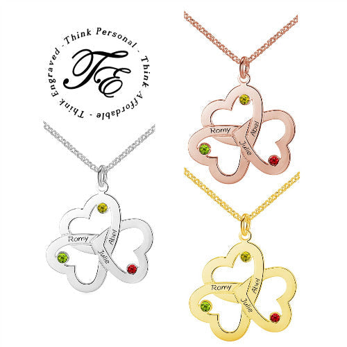 JO Mother's Ring 3 Birthstone Mothers Family Necklace Linked Hearts 3 Names