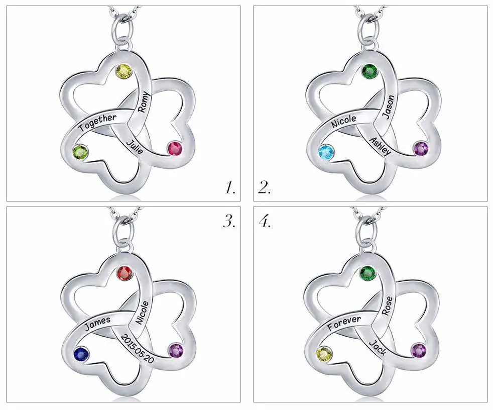 JO Mother's Ring 3 Birthstone Mothers Family Necklace Linked Hearts 3 Names