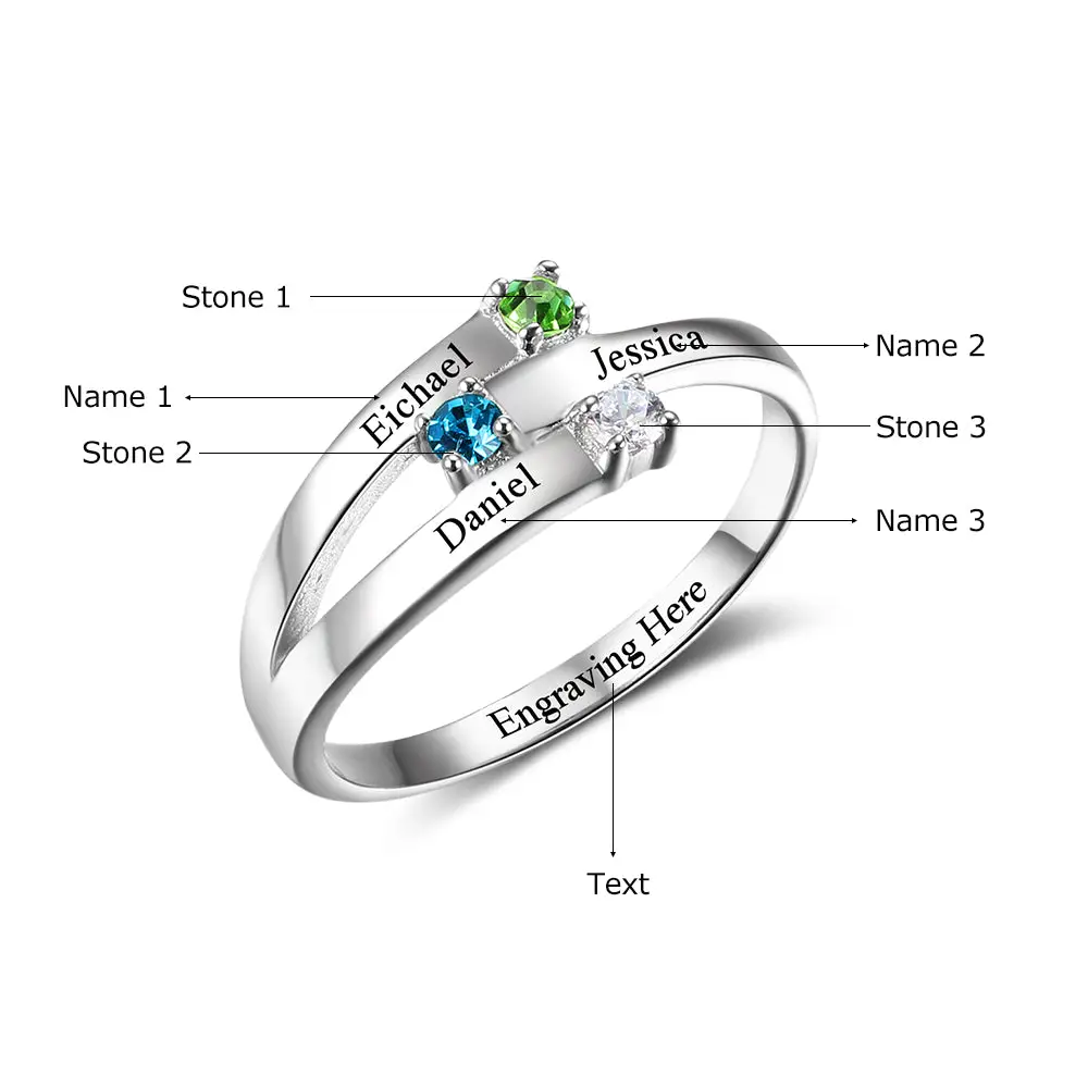 JO Mother's Ring 3 Birthstone Ribbon Band Mother's Ring or Mom Ring