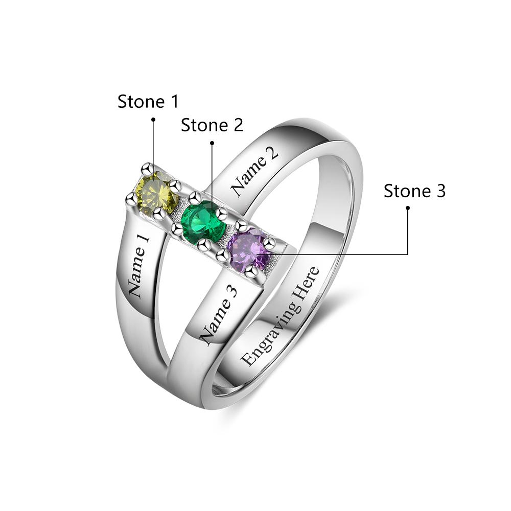 JO Mother's Ring 3 Birthstone Stacked Ribbon Band Mother's Ring 3 Names