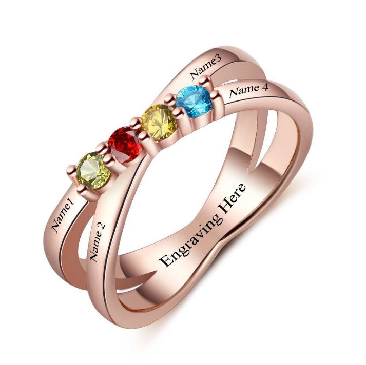 JO Mother's Ring 4 Birthstone Gold Mother's Ring Lined Hearts Split Band 4 Names