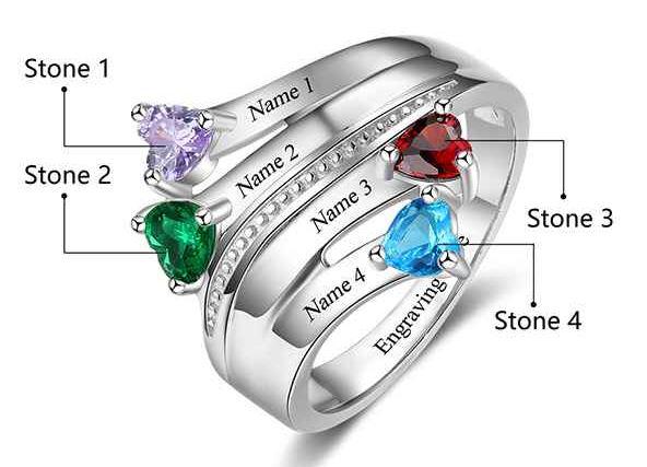 JO Mother's Ring 4 Birthstone Mother's Ring Passing Hearts Ribbon 4 Names