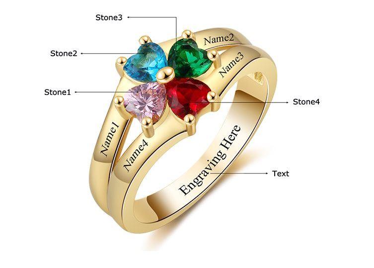 JO Mother's Ring 4 Heart Birthstone Mother's Ring 14k Gold Flower Flower Design