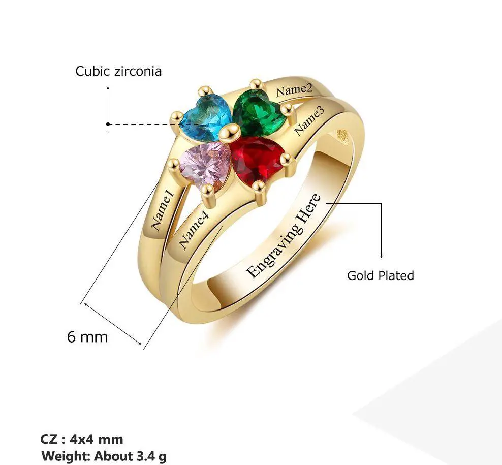 JO Mother's Ring 4 Heart Birthstone Mother's Ring 14k Gold Flower Flower Design