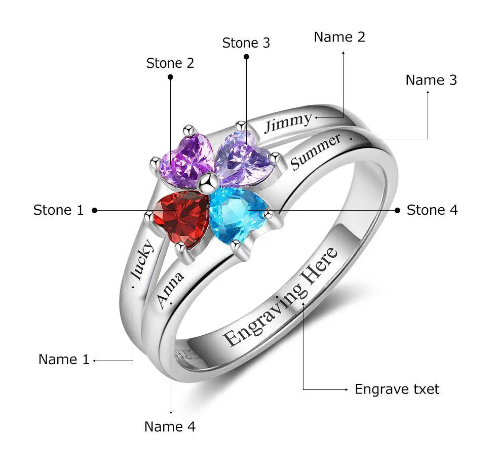 JO Mother's Ring 4 Heart Birthstone Mother's Ring Sterling Silver Flower Flower Design