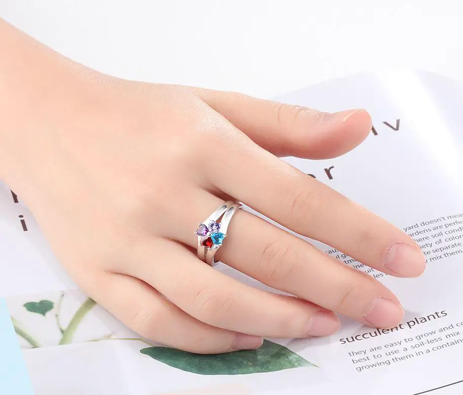 JO Mother's Ring 4 Heart Birthstone Mother's Ring Sterling Silver Flower Flower Design