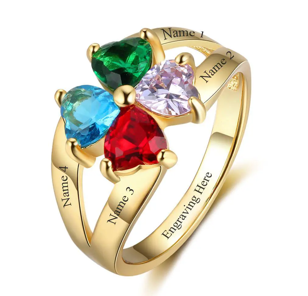 JO Mother's Ring 5 / 14k gold over sterling silver 4 Heart Birthstone Mother's Ring 14k Gold Hearts Together 4 Names