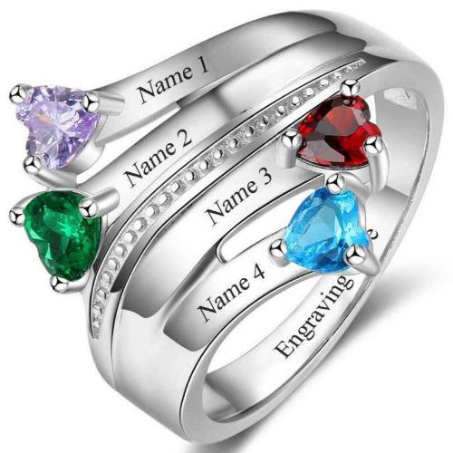 JO Mother's Ring 6 4 Birthstone Mother's Ring Passing Hearts Ribbon 4 Names