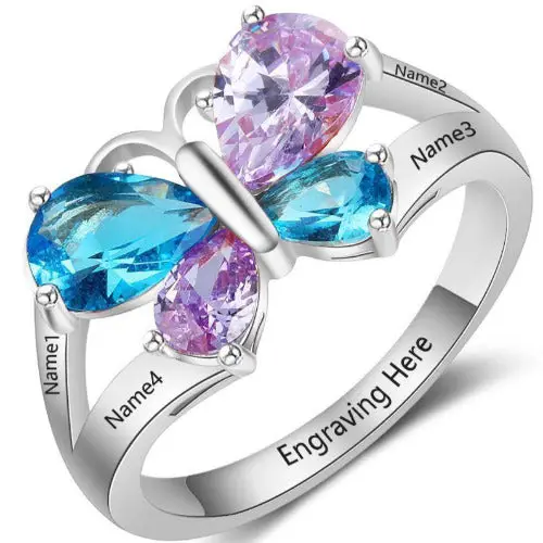 JO Mother's Ring 5 Personalized 4 Birthstone Butterfly Mother's Ring 4 Engraved Names