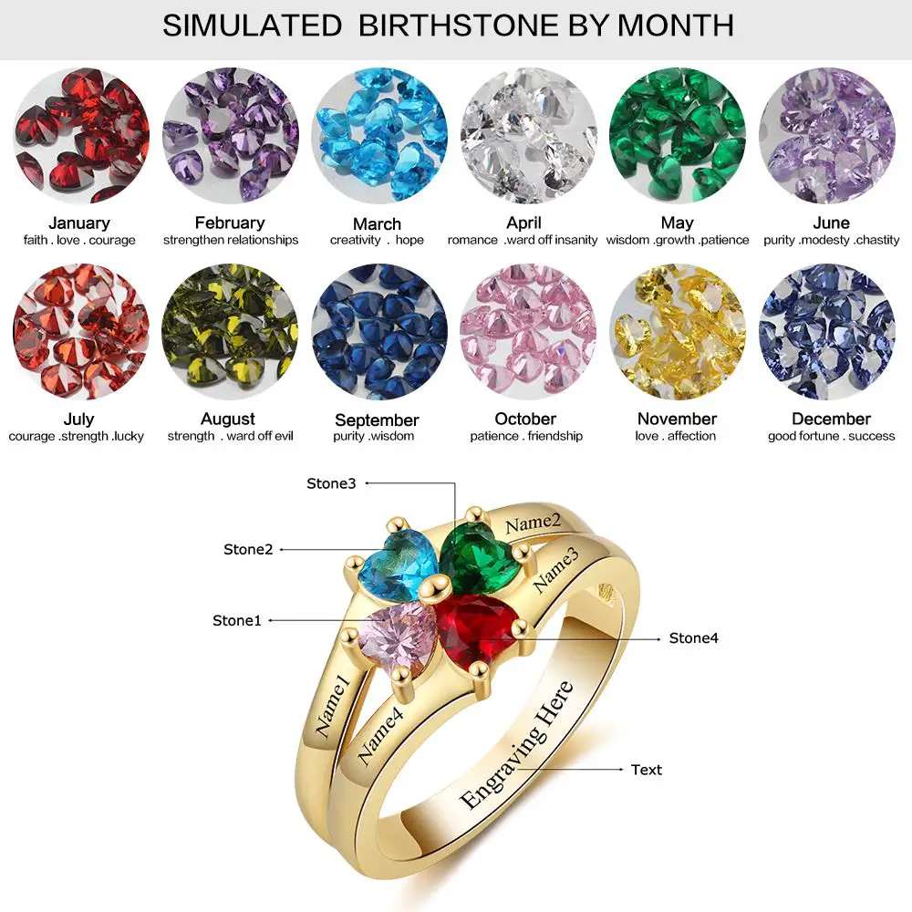 JO Mother's Ring 6 / 14K gold over sterling silver 4 Heart Birthstone Mother's Ring 14k Gold Flower Flower Design