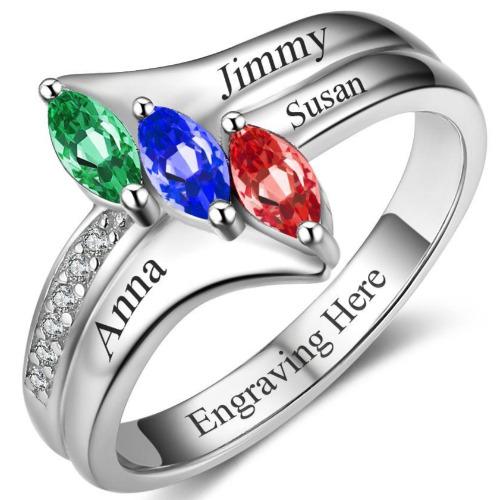 JO Mother's Ring 6 3 Birthstone Mother's Ring Triple Marquis 3 Names
