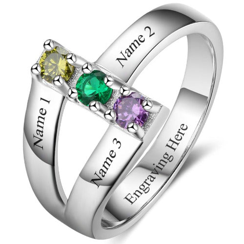 JO Mother's Ring 6 3 Birthstone Stacked Ribbon Band Mother's Ring 3 Names