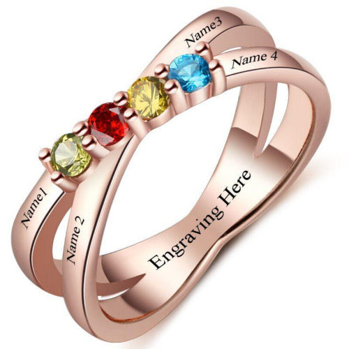 JO Mother's Ring 6 4 Birthstone Gold Mother's Ring Lined Hearts Split Band 4 Names