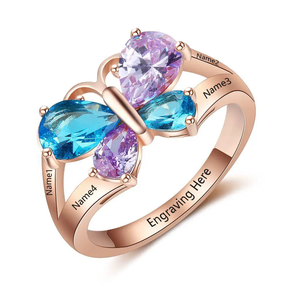 JO Mother's Ring 6 4 Birthstone Mother's Ring Butterfly Design 14k Rose Gold