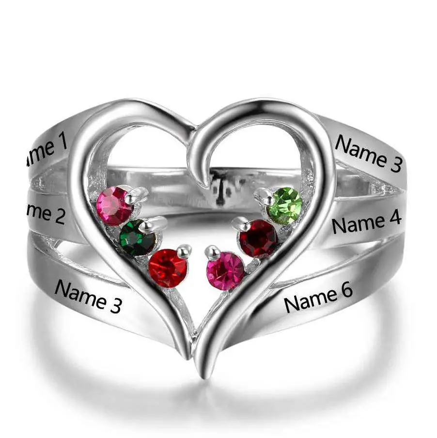 JO Mother's Ring 6 6 Birthstone Mother's Ring In Mom's Heart 6 Engraved Names