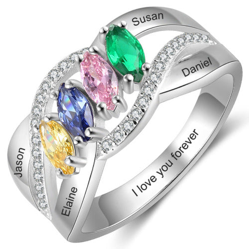 JO Mother's Ring 6 Mother's Ring 4 Marquis Birthstones 4 Engraved Names