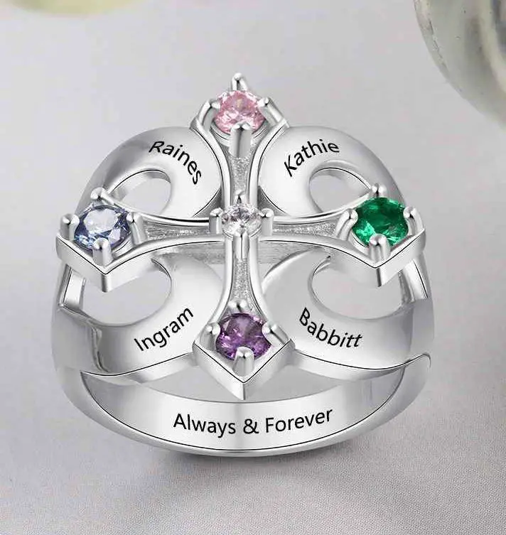 JO Mother's Ring 6 Personalized Iron Cross Mother's Ring 4 Birthstones 4 Engraved Names
