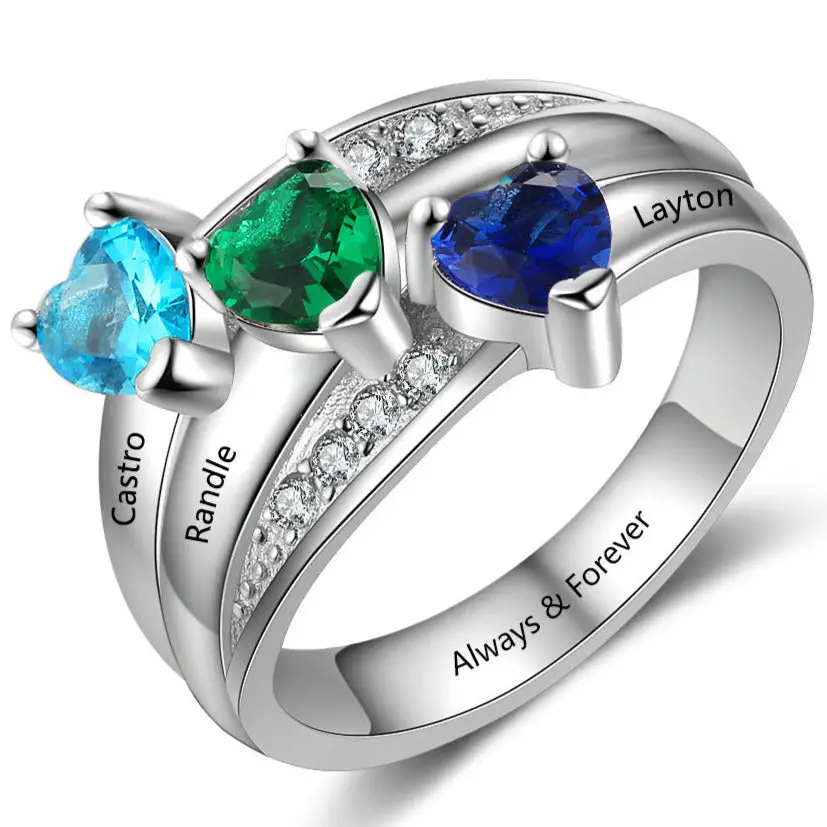 JO Mother's Ring 6 Personalized Mother's Ring 3 Heart Birthstones 3 Engraved Names