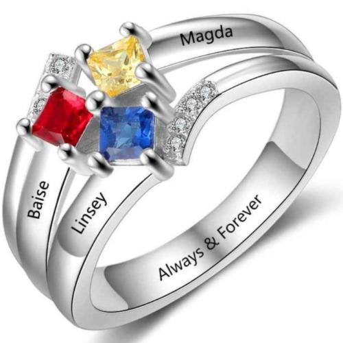 JO Mother's Ring 6 Personalized Mother's Ring 3 Square Birthstones 3 Engraved Names