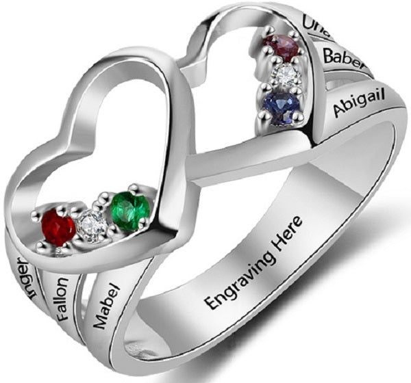 JO Mother's Ring 6 Personalized Mother's Ring 6 Stones 6 Names Double Heart Design