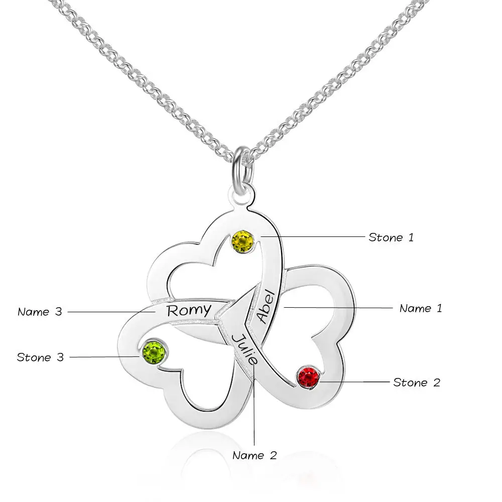 JO Mother's Ring .925 Sterling Silver 3 Birthstone Mothers Family Necklace Linked Hearts 3 Names