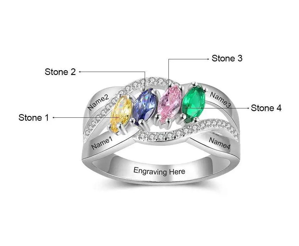 JO Mother's Ring Mother's Ring 4 Marquis Birthstones 4 Engraved Names