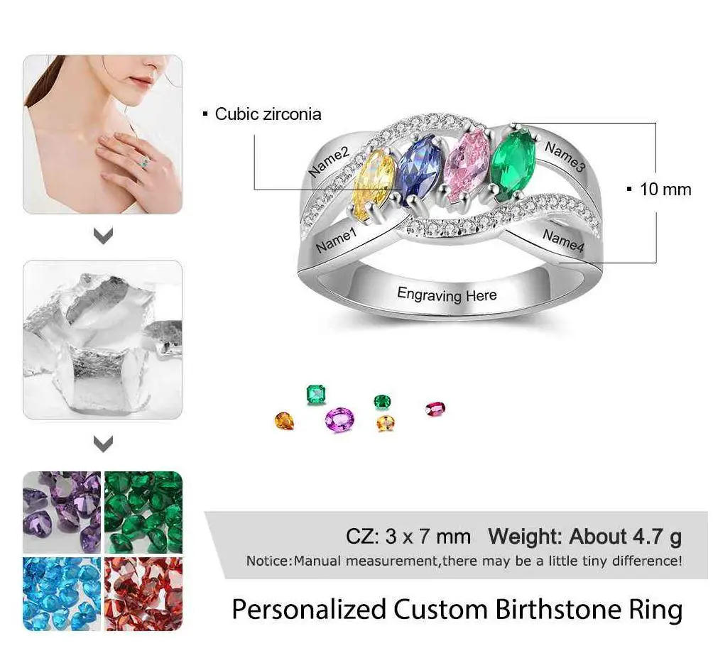 JO Mother's Ring Mother's Ring 4 Marquis Birthstones 4 Engraved Names