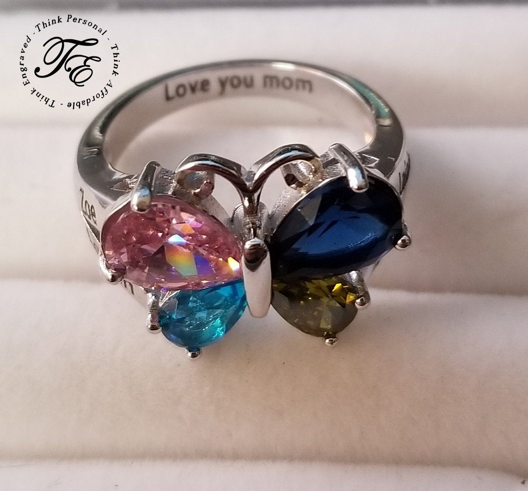 JO Mother's Ring Personalized 4 Birthstone Butterfly Mother's Ring 4 Engraved Names