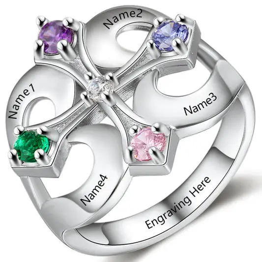 JO Mother's Ring Personalized Iron Cross Mother's Ring 4 Birthstones 4 Engraved Names