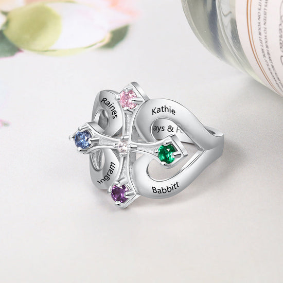 Personalized Iron Cross Mother's Ring 4 Birthstones 4 Engraved Names ...